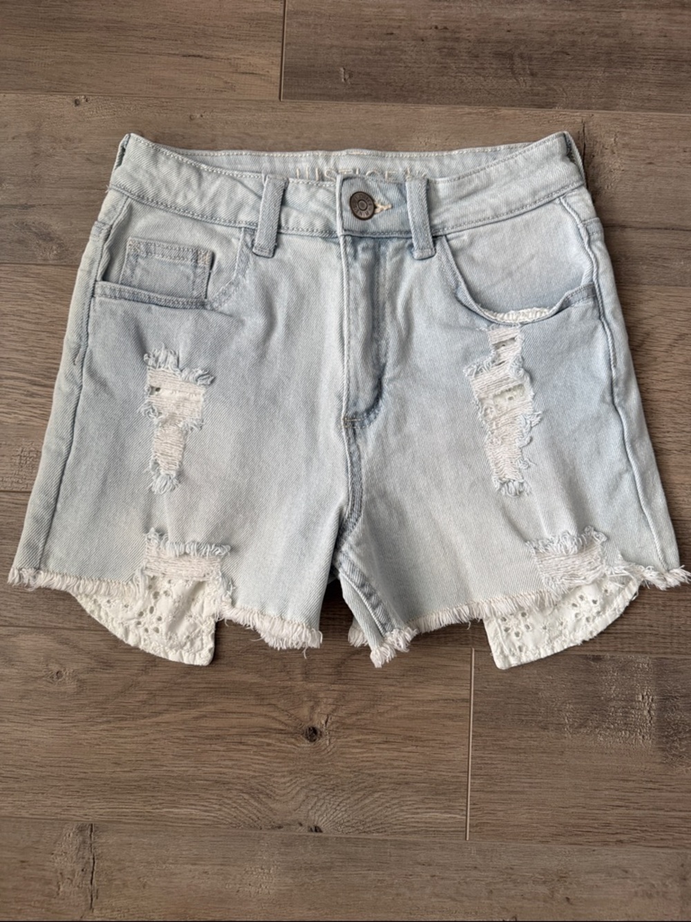 Justice Light Wash Distressed Denim Shorts with Lace Tr